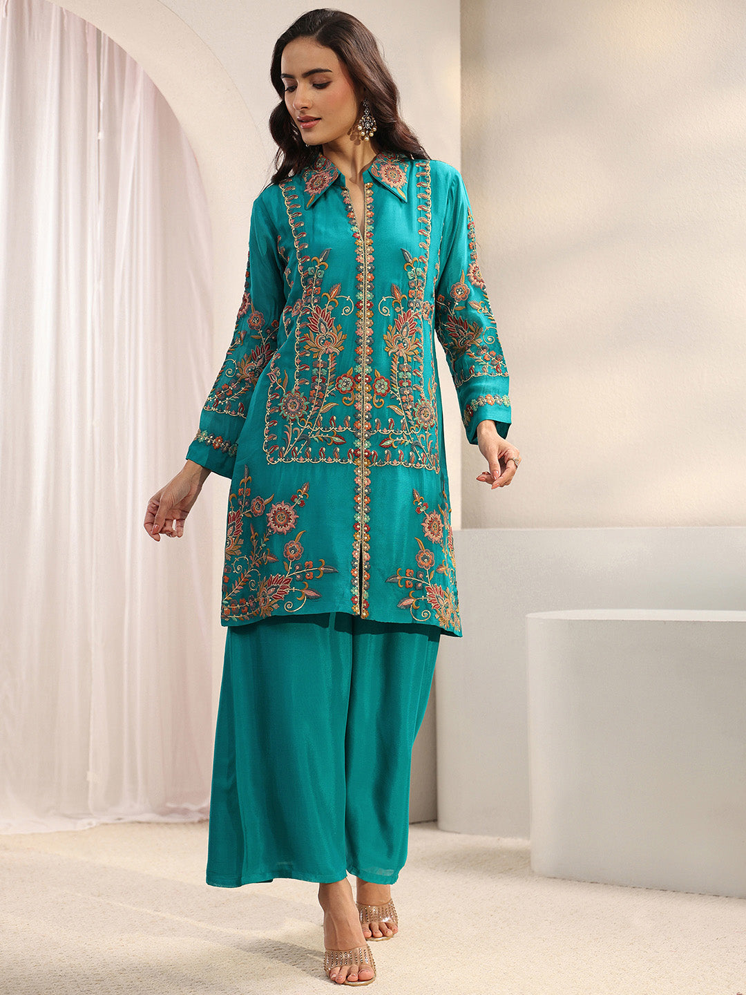 Libas Art Green Floral Embroidered Chinon Co-Ord Set CO87
