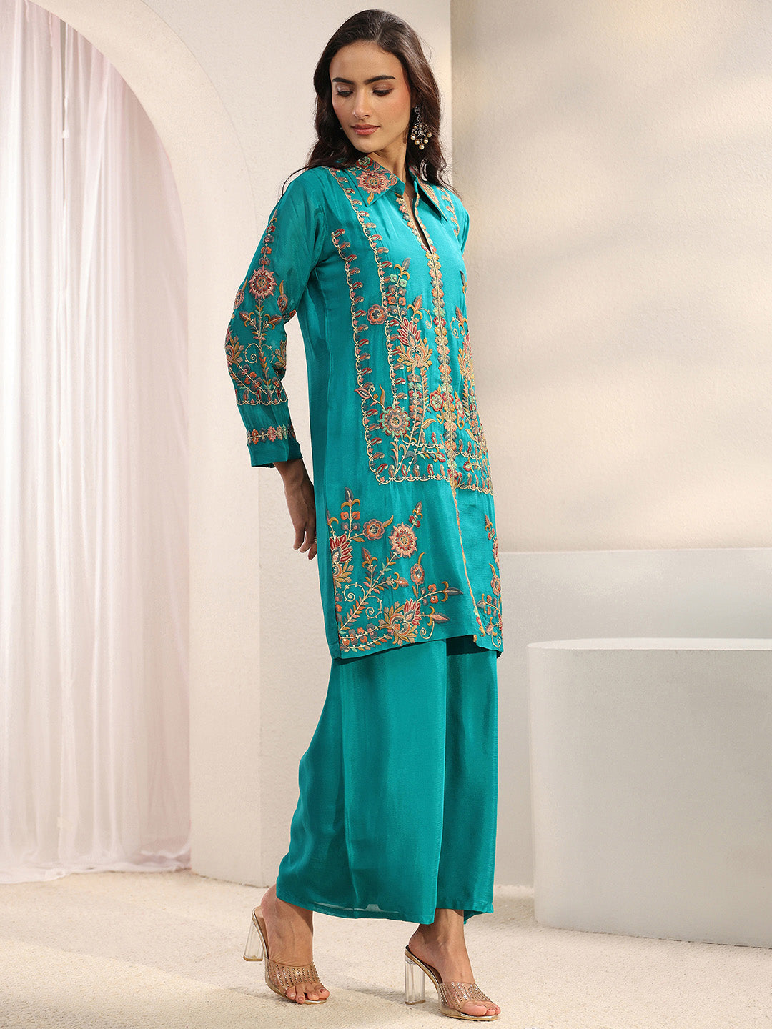 Libas Art Green Floral Embroidered Chinon Co-Ord Set CO87
