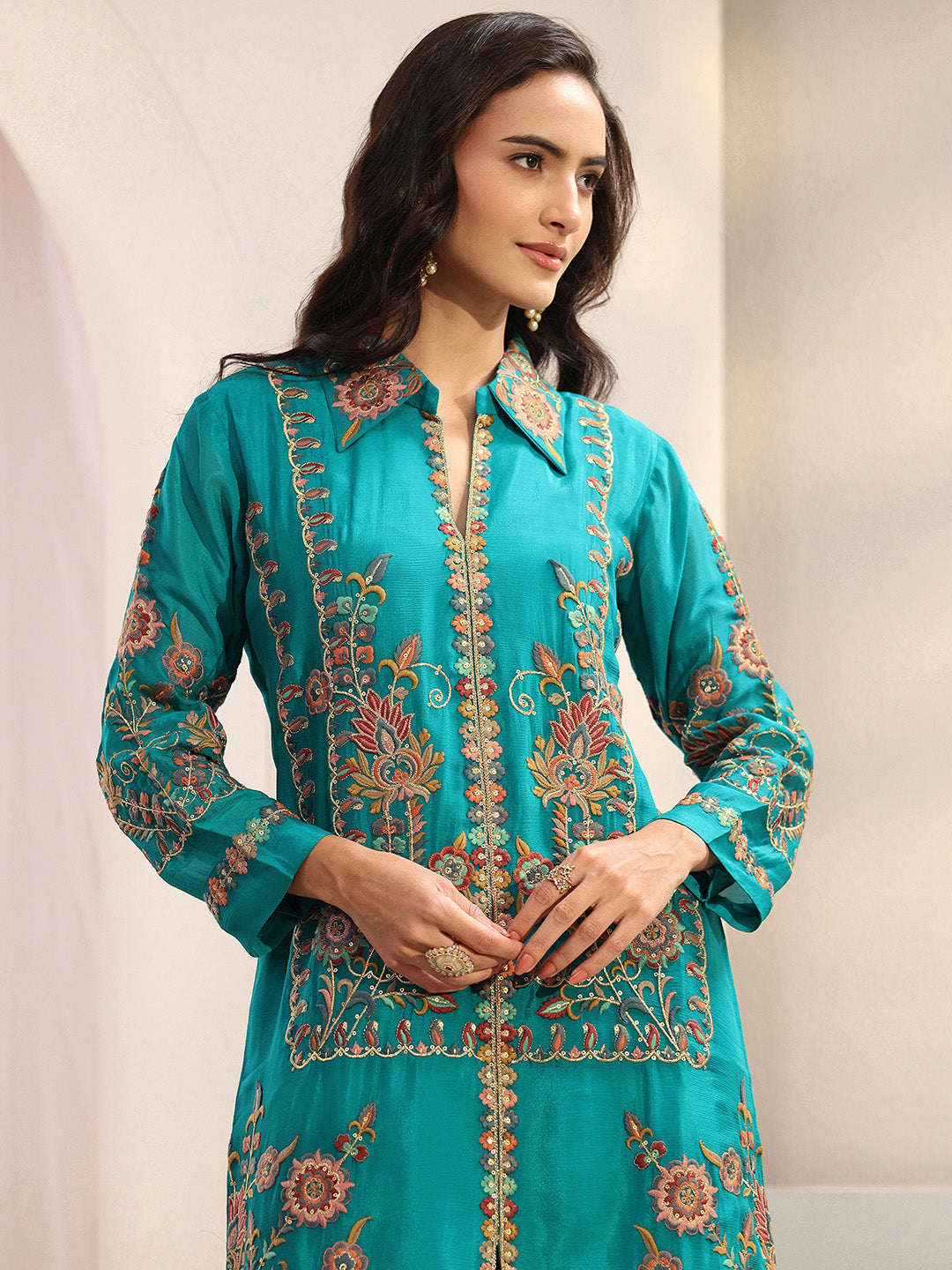 Libas Art Green Floral Embroidered Chinon Co-Ord Set CO87