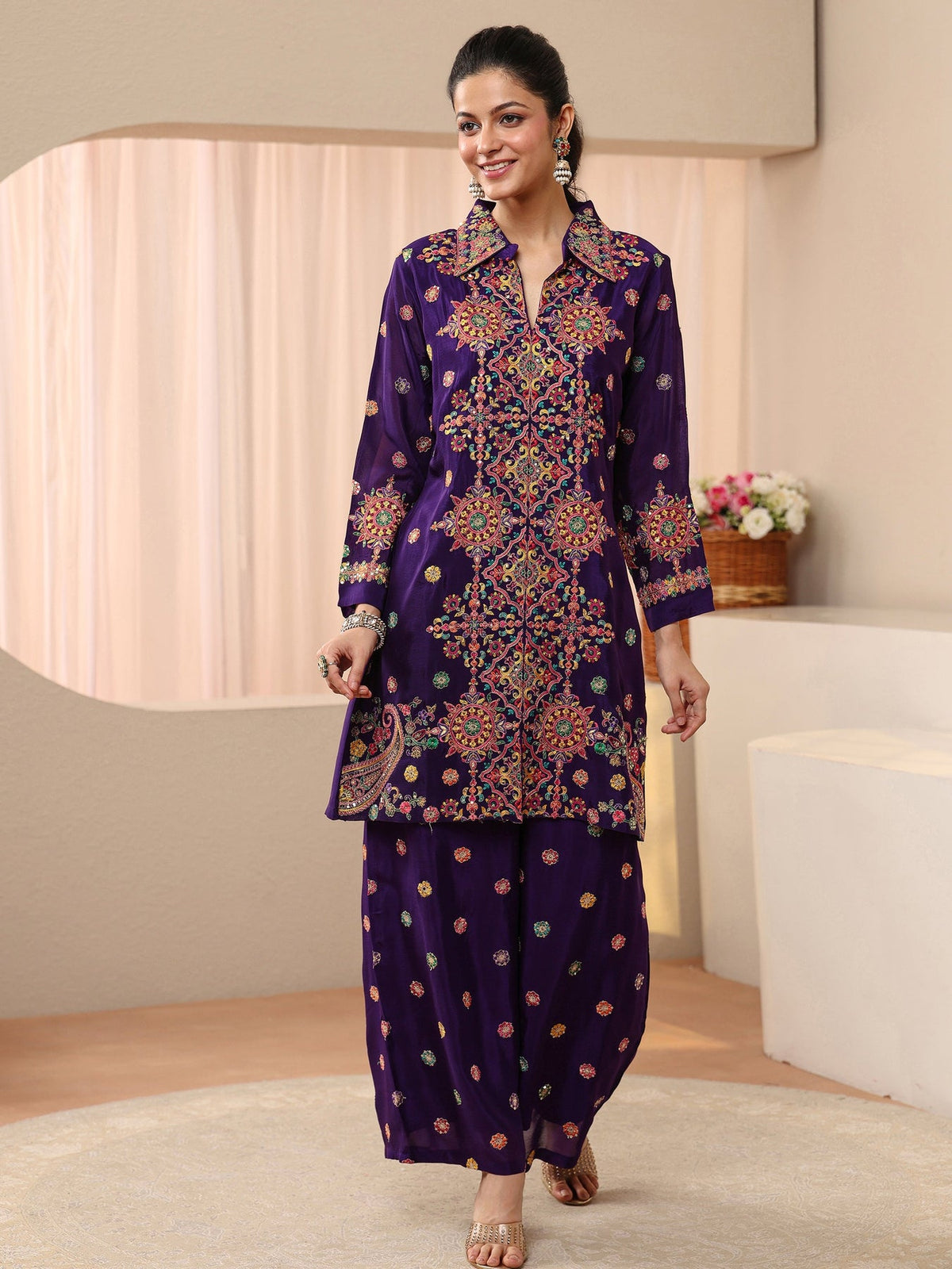 Libas Art Purple Ethnic Embroidered Crepe Co-Ord Set CO87