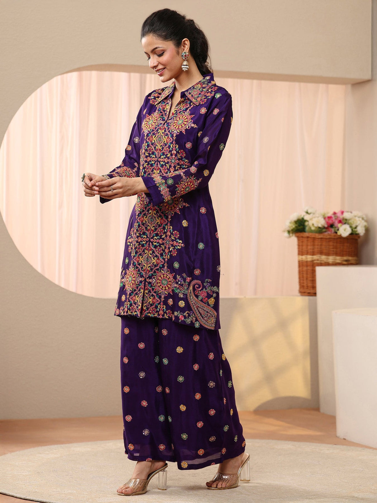 Libas Art Purple Ethnic Embroidered Crepe Co-Ord Set CO87