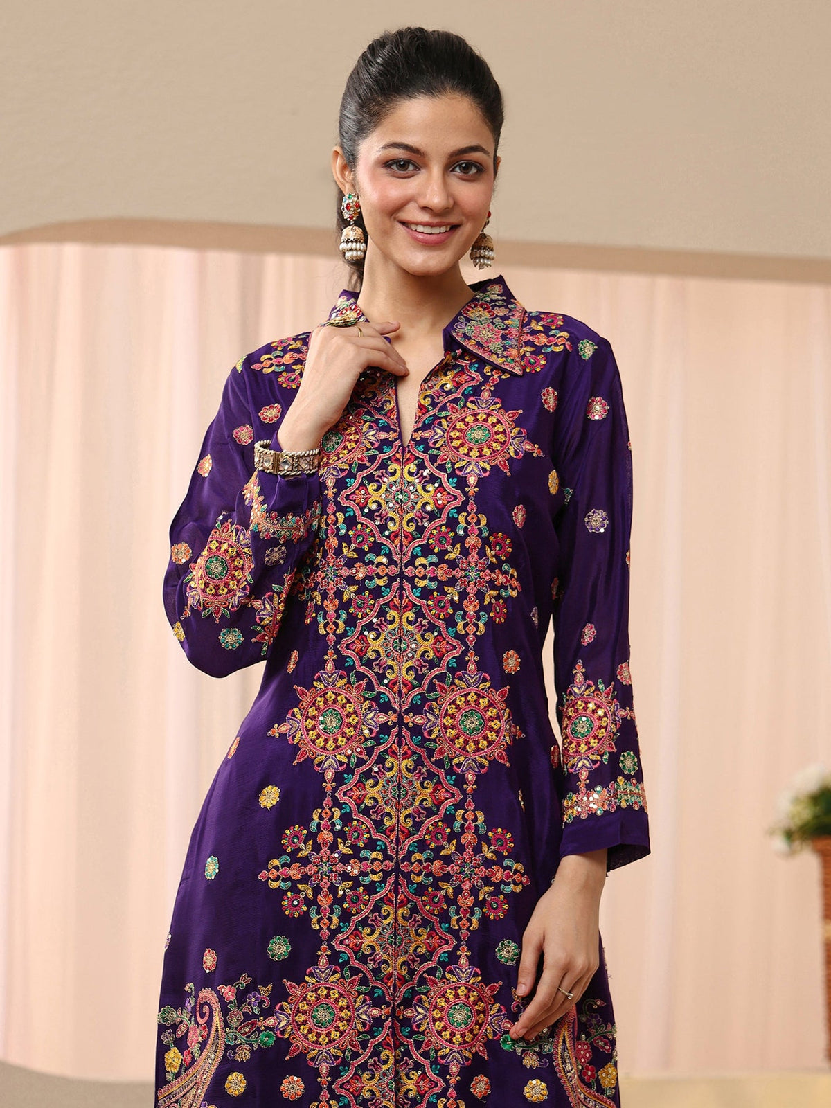 Libas Art Purple Ethnic Embroidered Crepe Co-Ord Set CO87