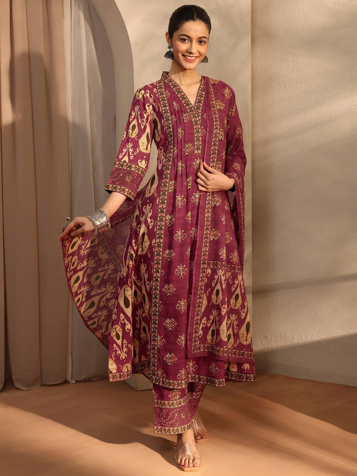 Libas Maroon Floral Printed Cotton Blend A-Line Suit Set With Dupatta KS67