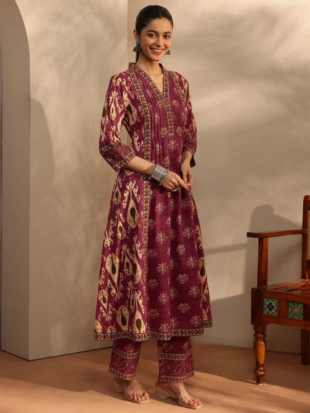 Libas Maroon Floral Printed Cotton Blend A-Line Suit Set With Dupatta KS67