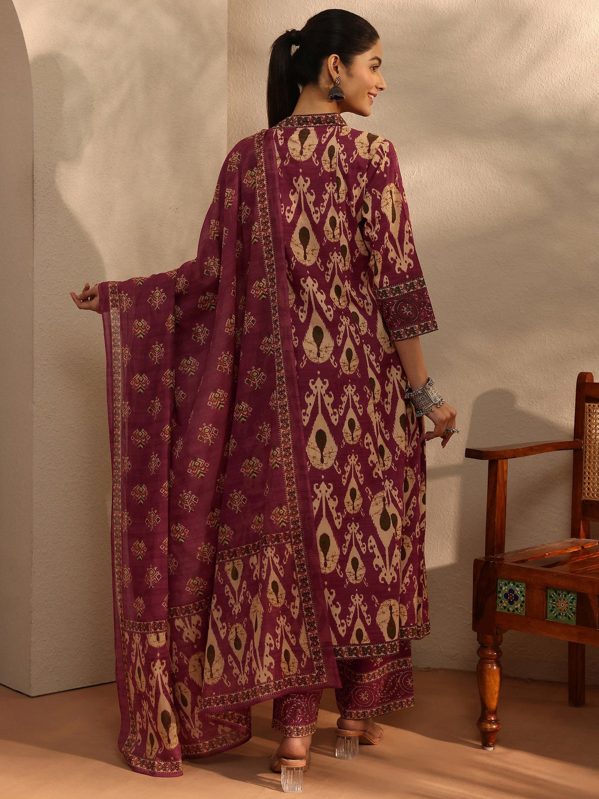 Libas Maroon Floral Printed Cotton Blend A-Line Suit Set With Dupatta KS67