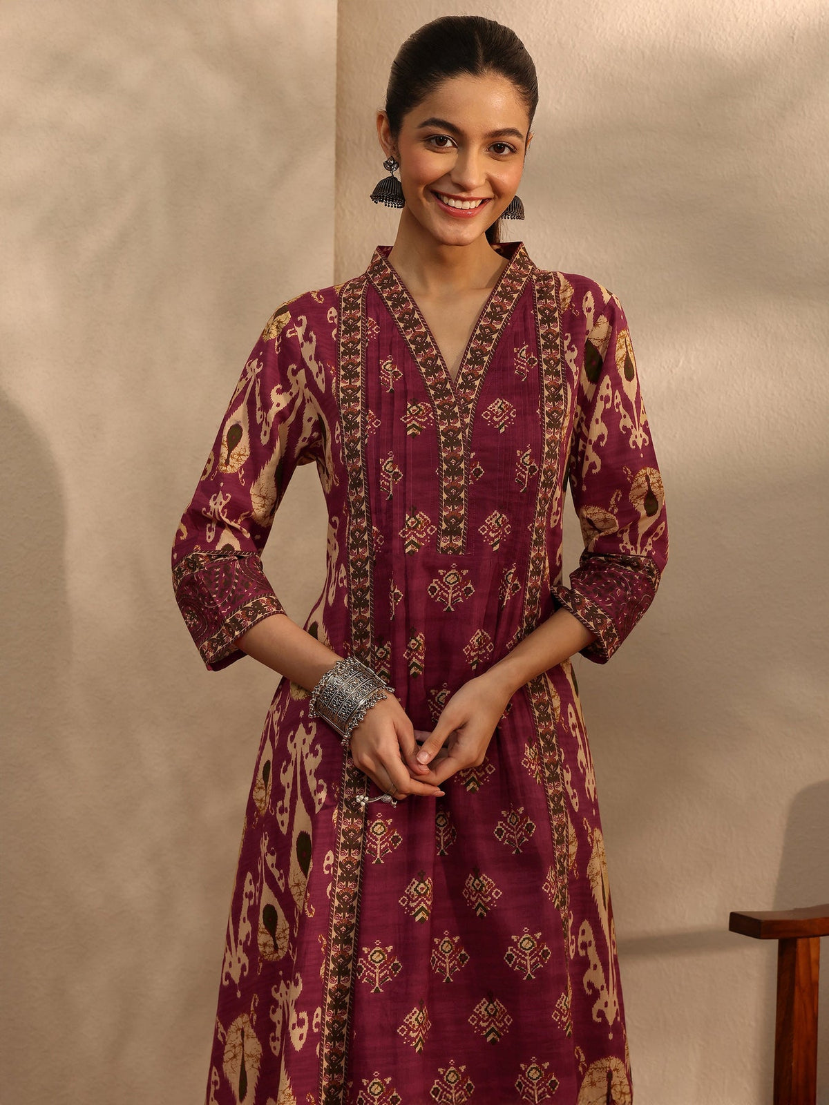 Libas Maroon Floral Printed Cotton Blend A-Line Suit Set With Dupatta KS67