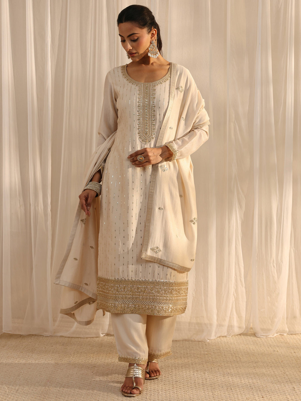 Libas Ivory Embellished Silk Blend Straight Suit Set With Dupatta
