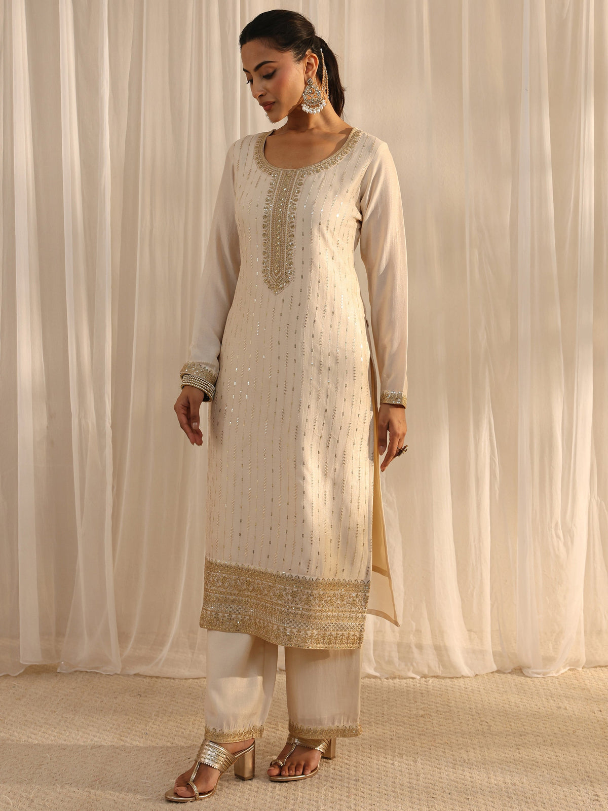 Libas Ivory Embellished Silk Blend Straight Suit Set With Dupatta