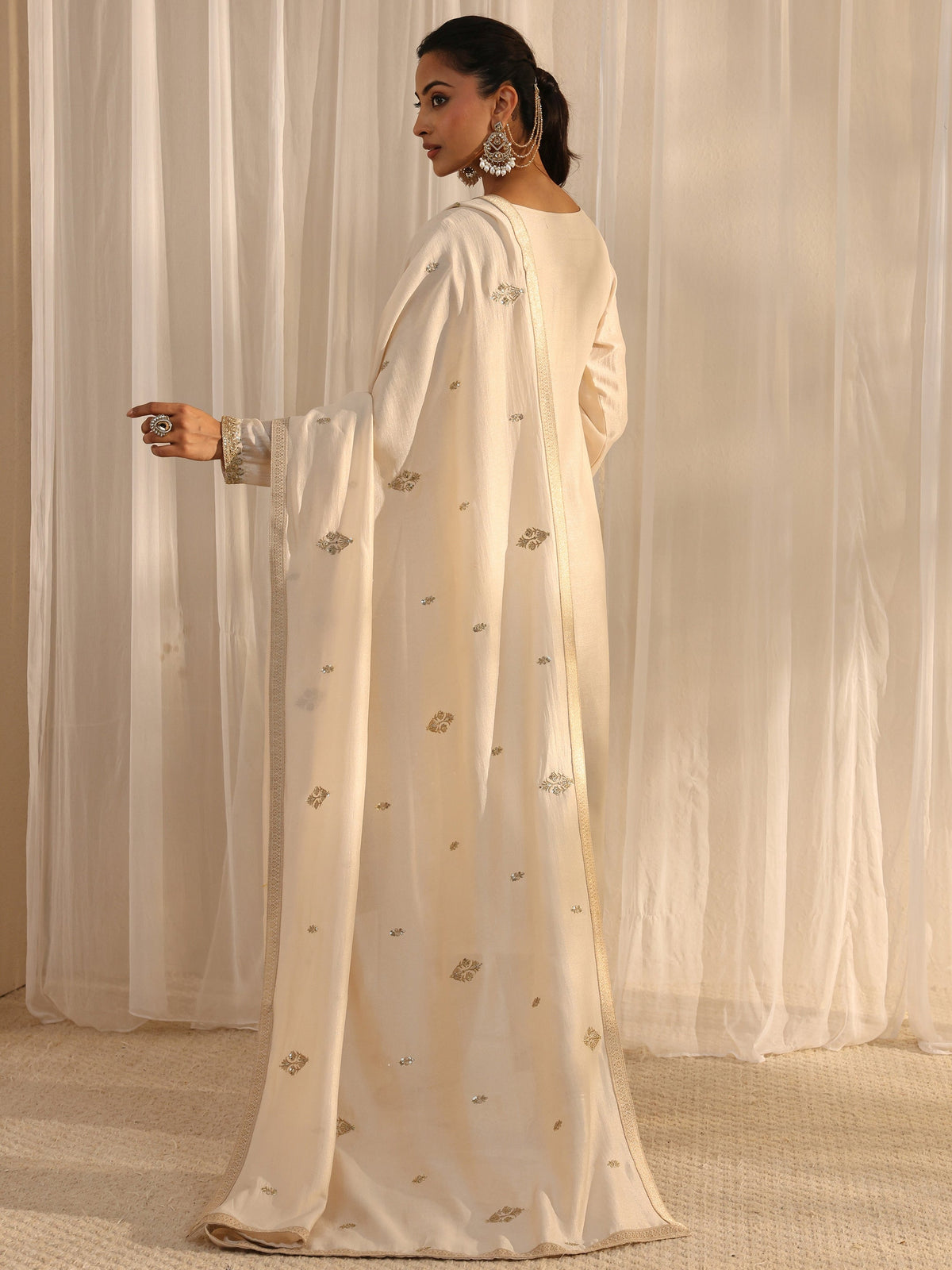 Libas Ivory Embellished Silk Blend Straight Suit Set With Dupatta