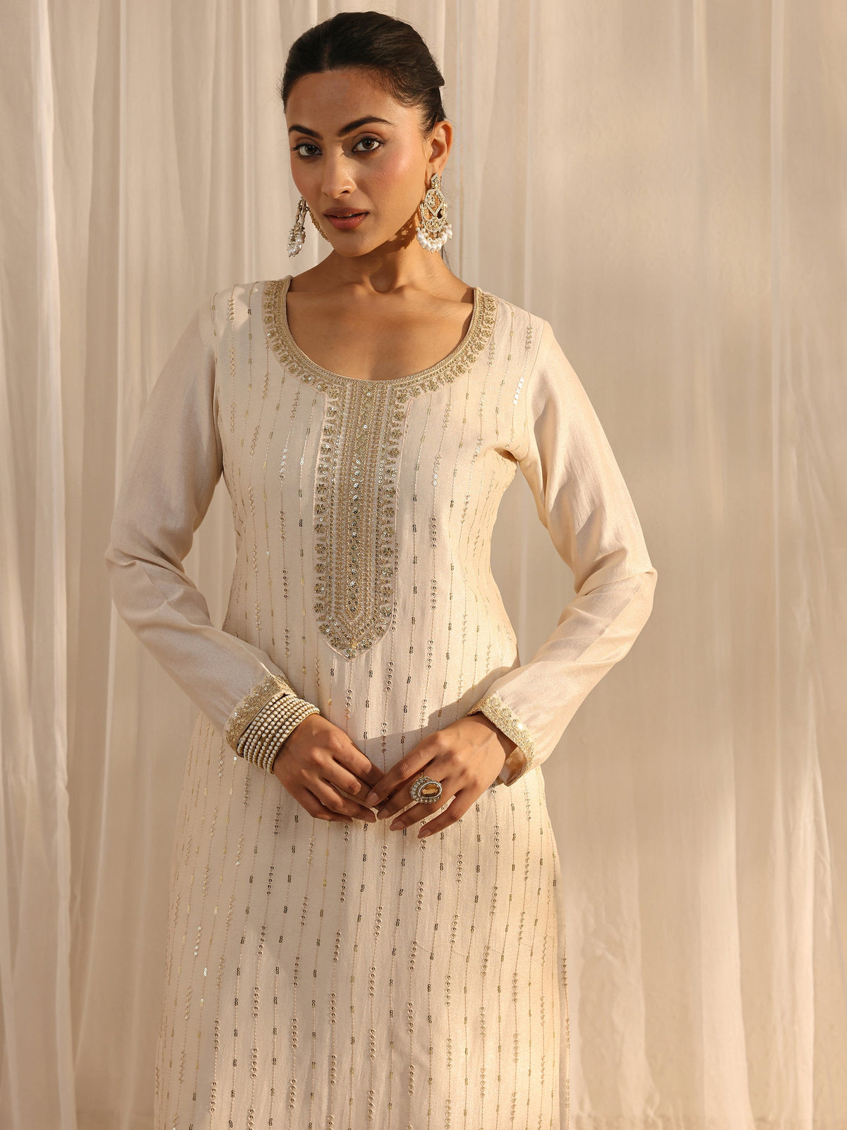 Libas Ivory Embellished Silk Blend Straight Suit Set With Dupatta