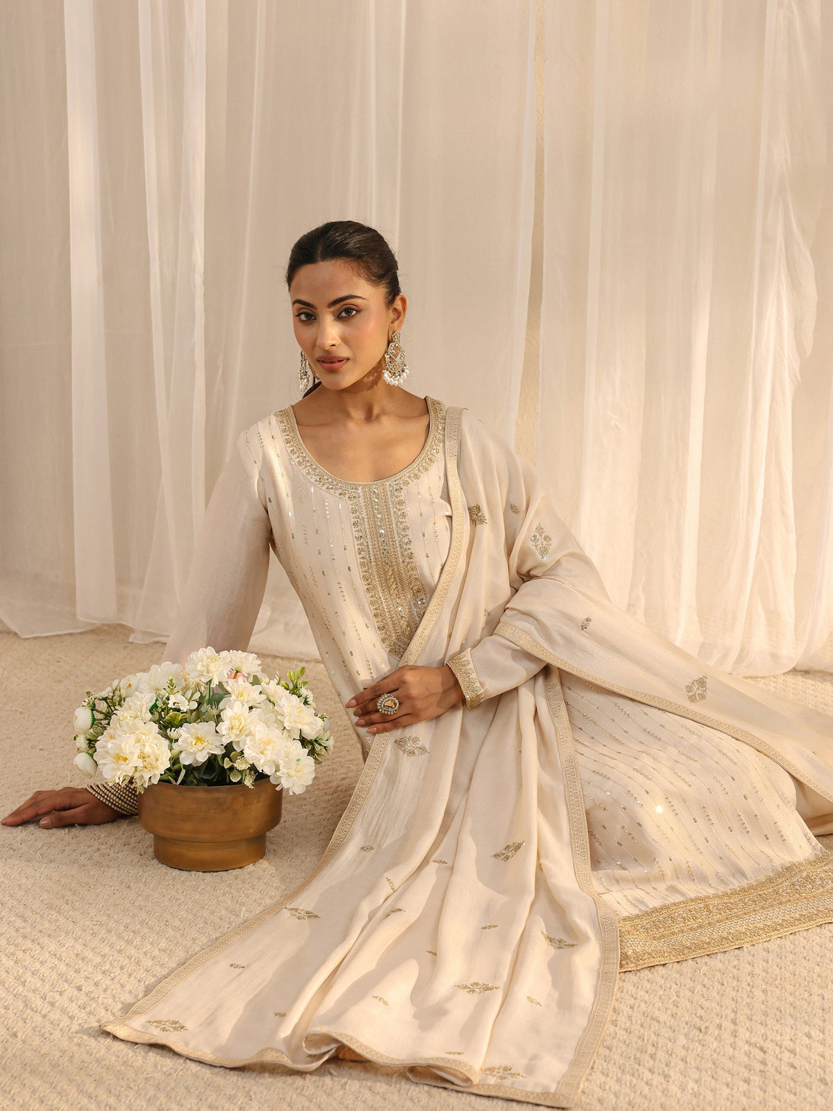 Libas Ivory Embellished Silk Blend Straight Suit Set With Dupatta