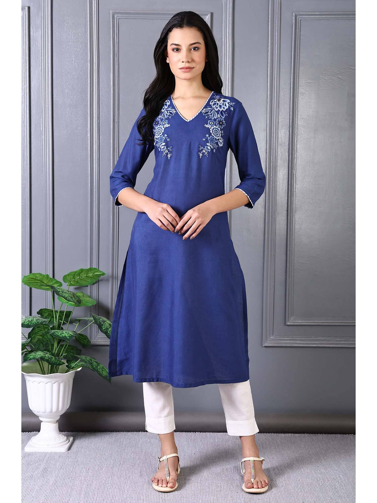 Blue Embroidered Printed Thread Embroidery Rayon Flax A-Line Kurta | KDG - view 1