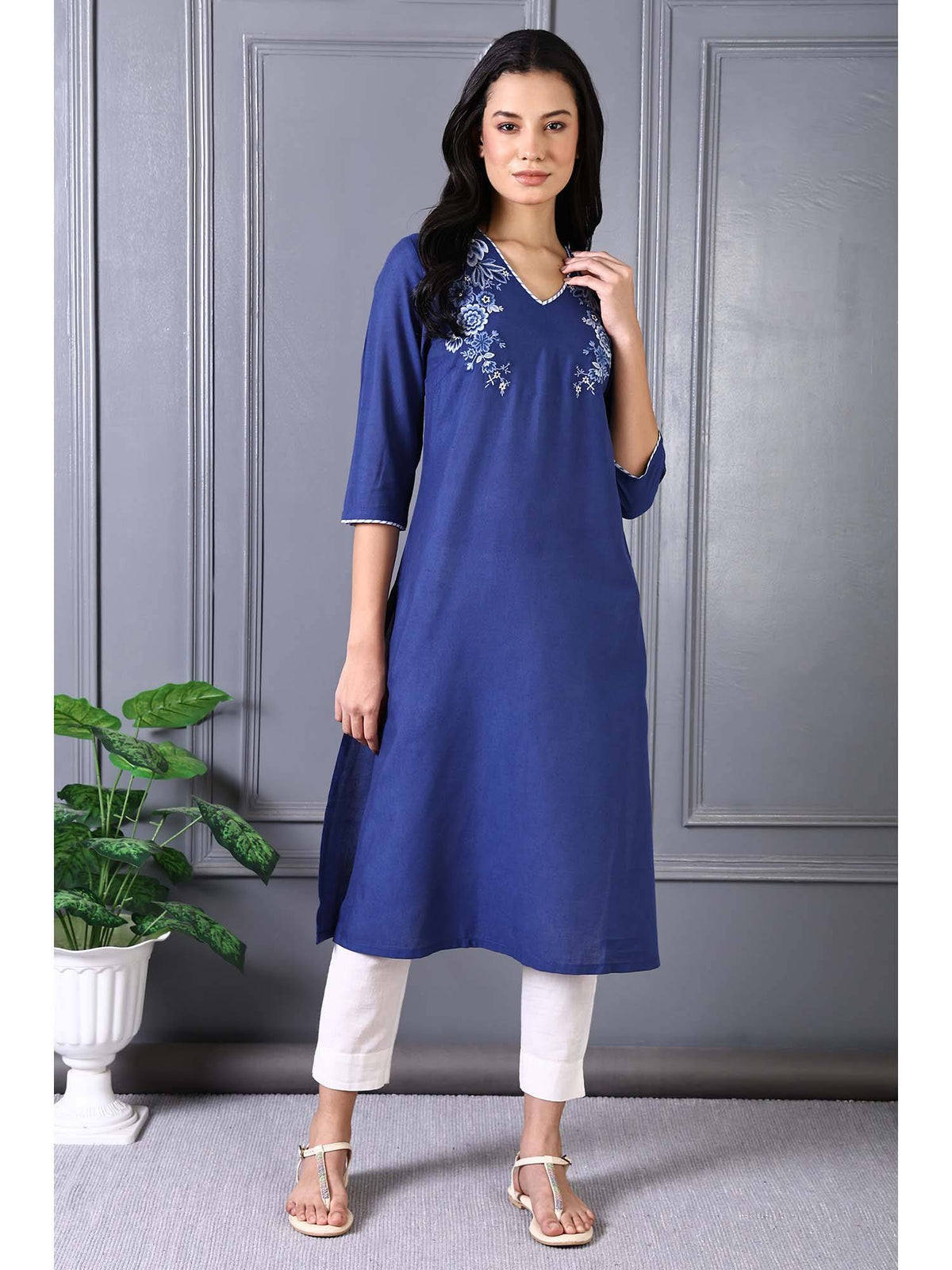 Blue Embroidered Printed Thread Embroidery Rayon Flax A-Line Kurta | KDG - view 2