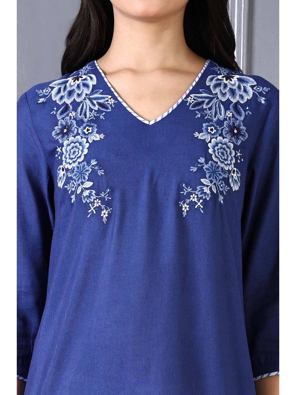 Blue Embroidered Printed Thread Embroidery Rayon Flax A-Line Kurta | KDG - view 3