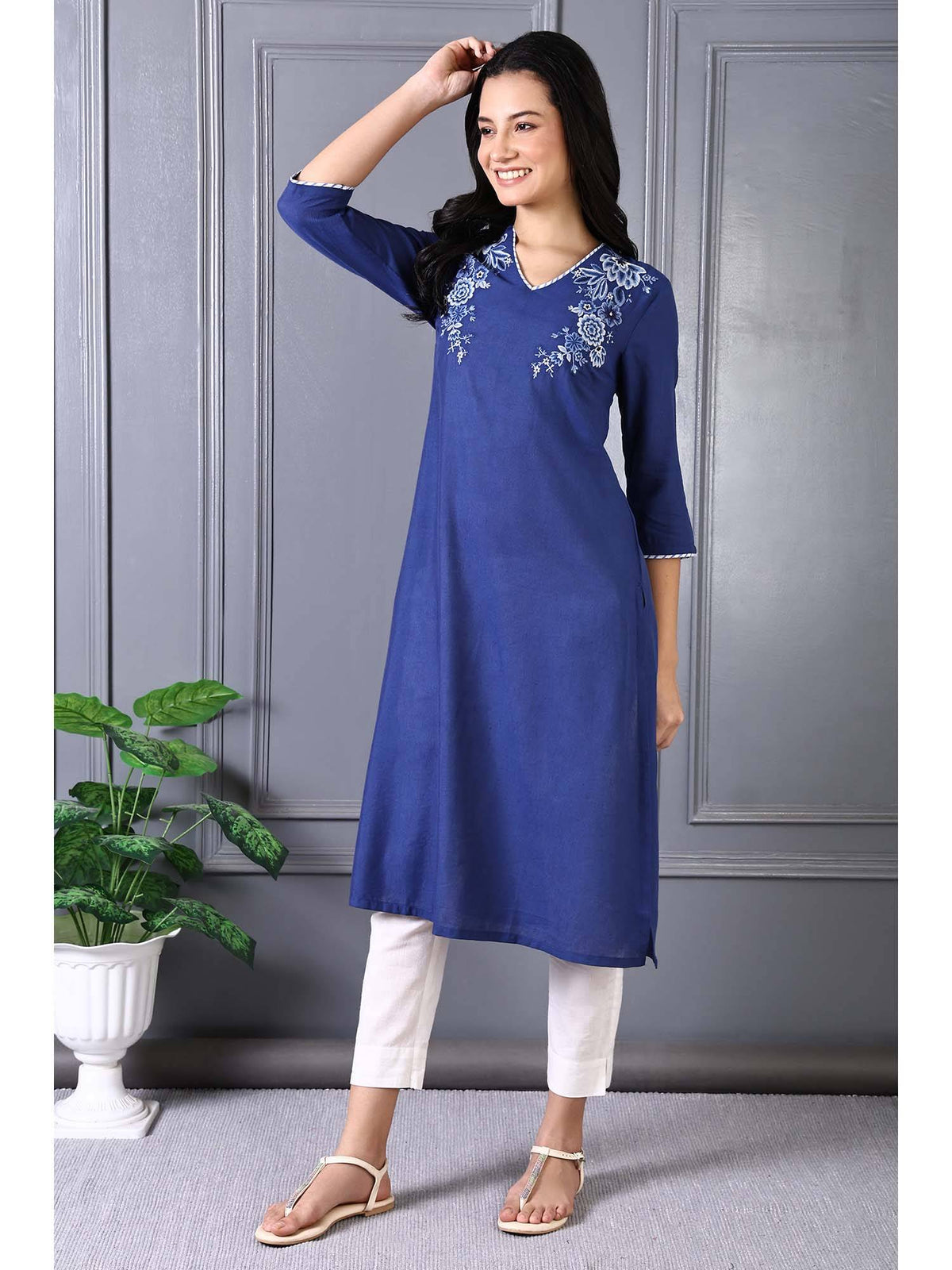 Blue Embroidered Printed Thread Embroidery Rayon Flax A-Line Kurta | KDG - view 4