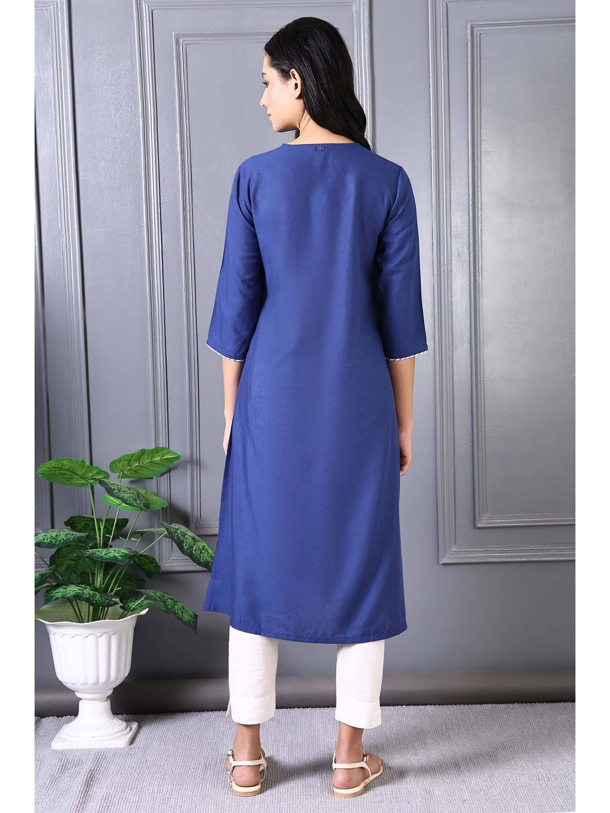 Blue Embroidered Printed Thread Embroidery Rayon Flax A-Line Kurta | KDG - view 5