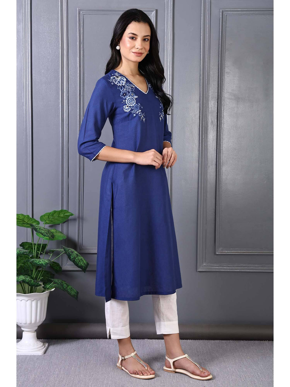 Blue Embroidered Printed Thread Embroidery Rayon Flax A-Line Kurta | KDG - view 6