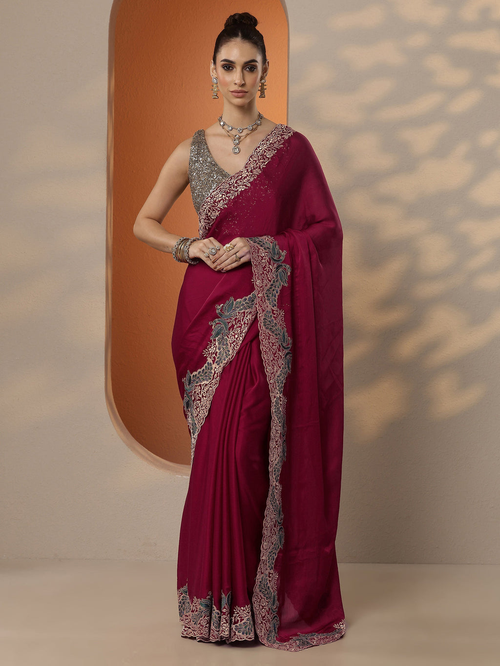 Libas Red Solid Chiffon Saree With Unstitched Blouse Piece