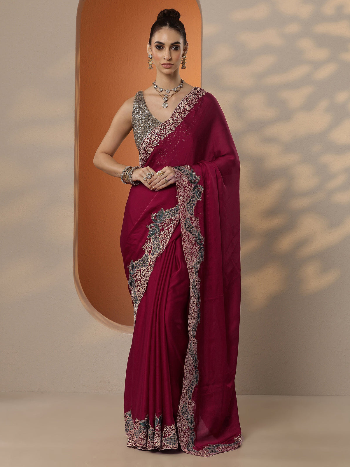Libas Red Solid Chiffon Saree With Unstitched Blouse Piece