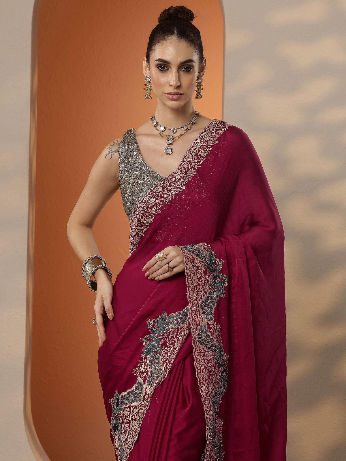 Libas Red Solid Chiffon Saree With Unstitched Blouse Piece