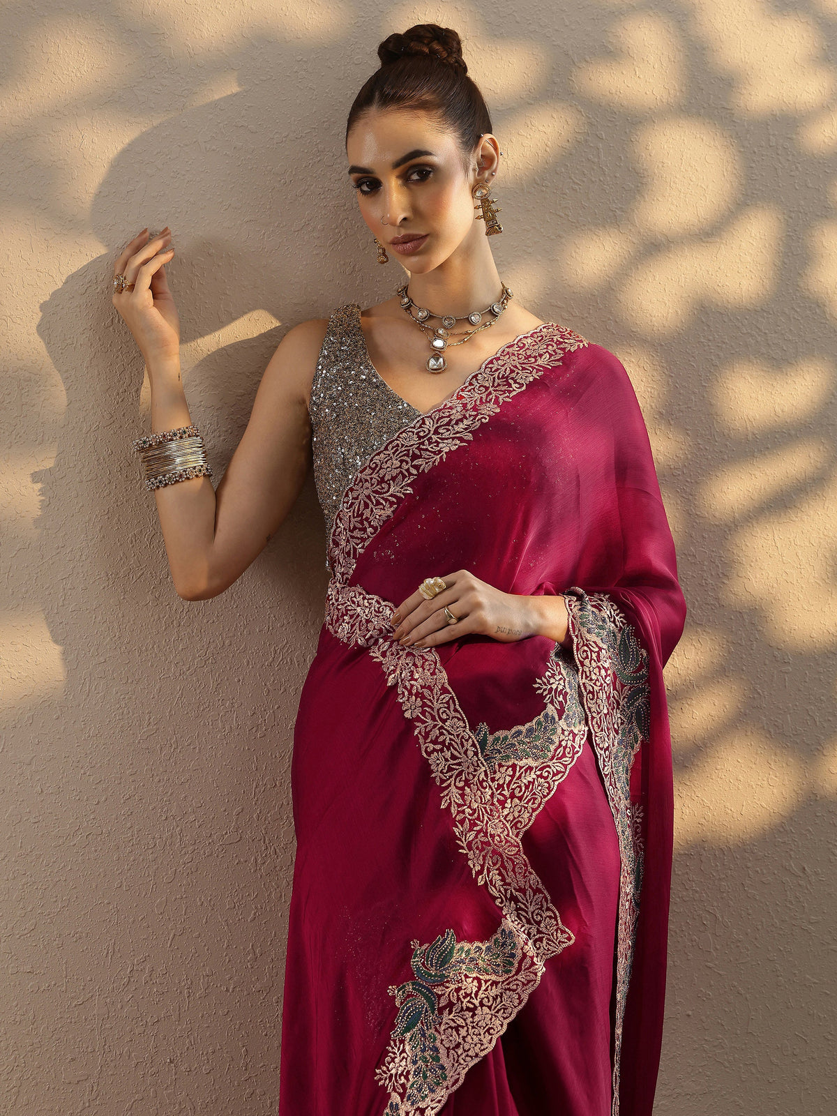 Libas Red Solid Chiffon Saree With Unstitched Blouse Piece