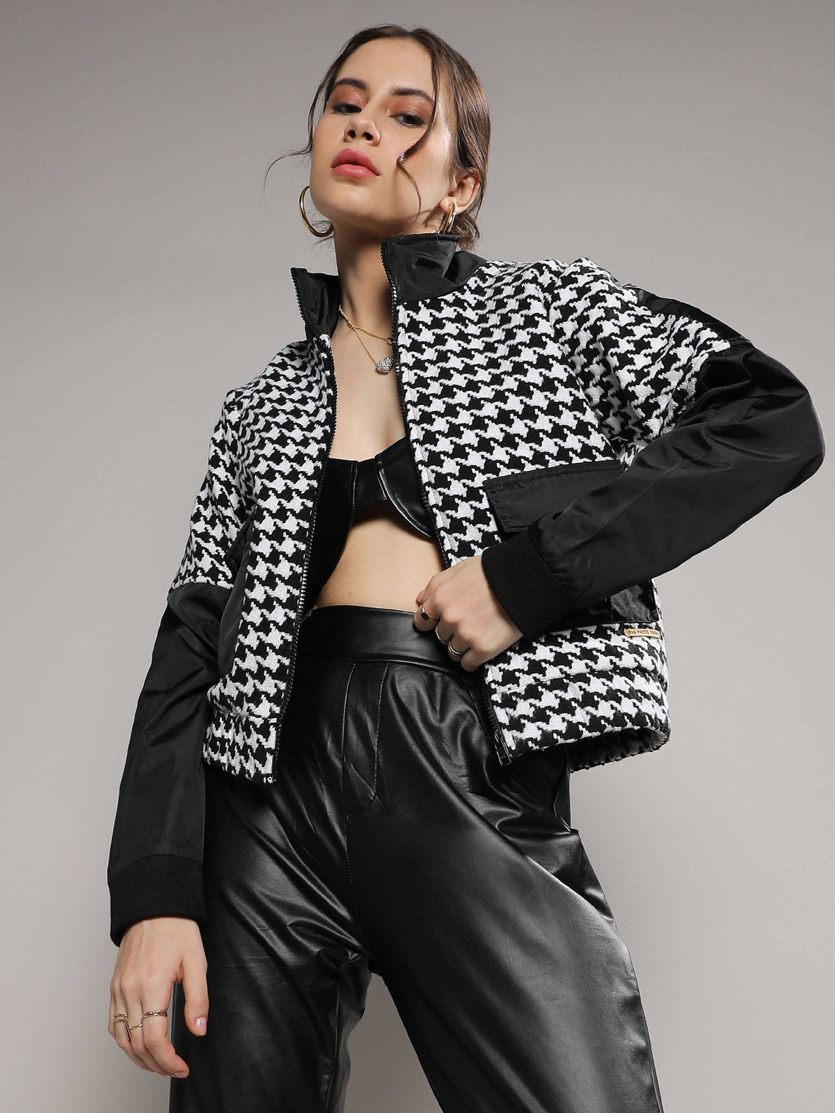 Women Black & White Contrast Houndstooth Jacket | JC78 - view 1