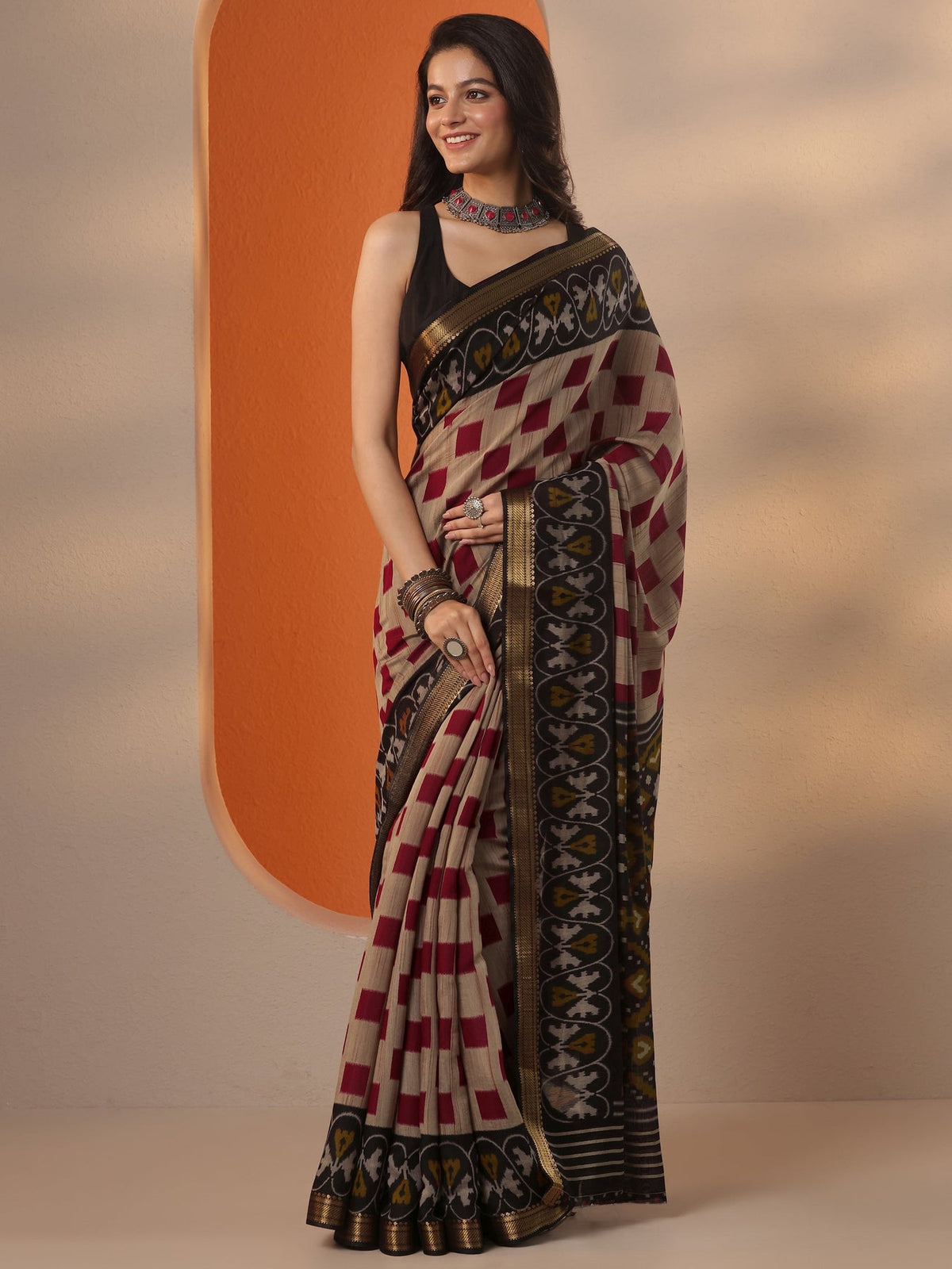 Libas Beige Printed Silk Blend Saree With Unstitched Blouse Piece S45