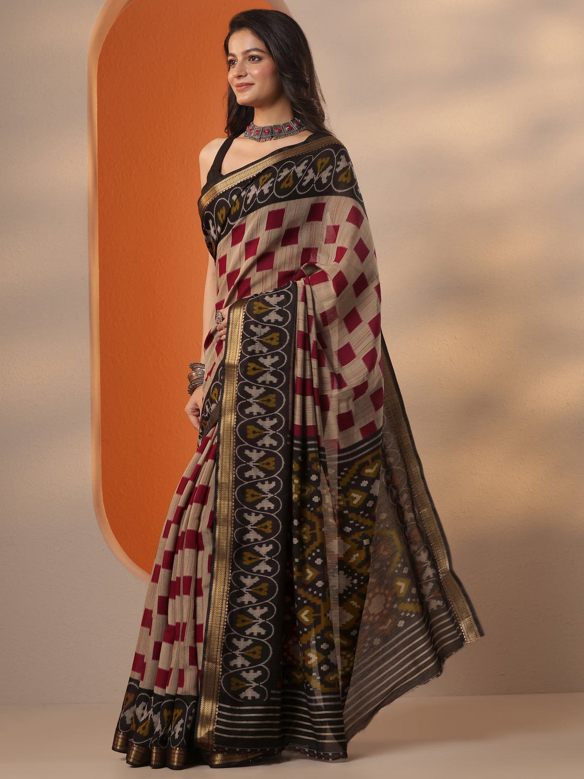 Libas Beige Printed Silk Blend Saree With Unstitched Blouse Piece S45