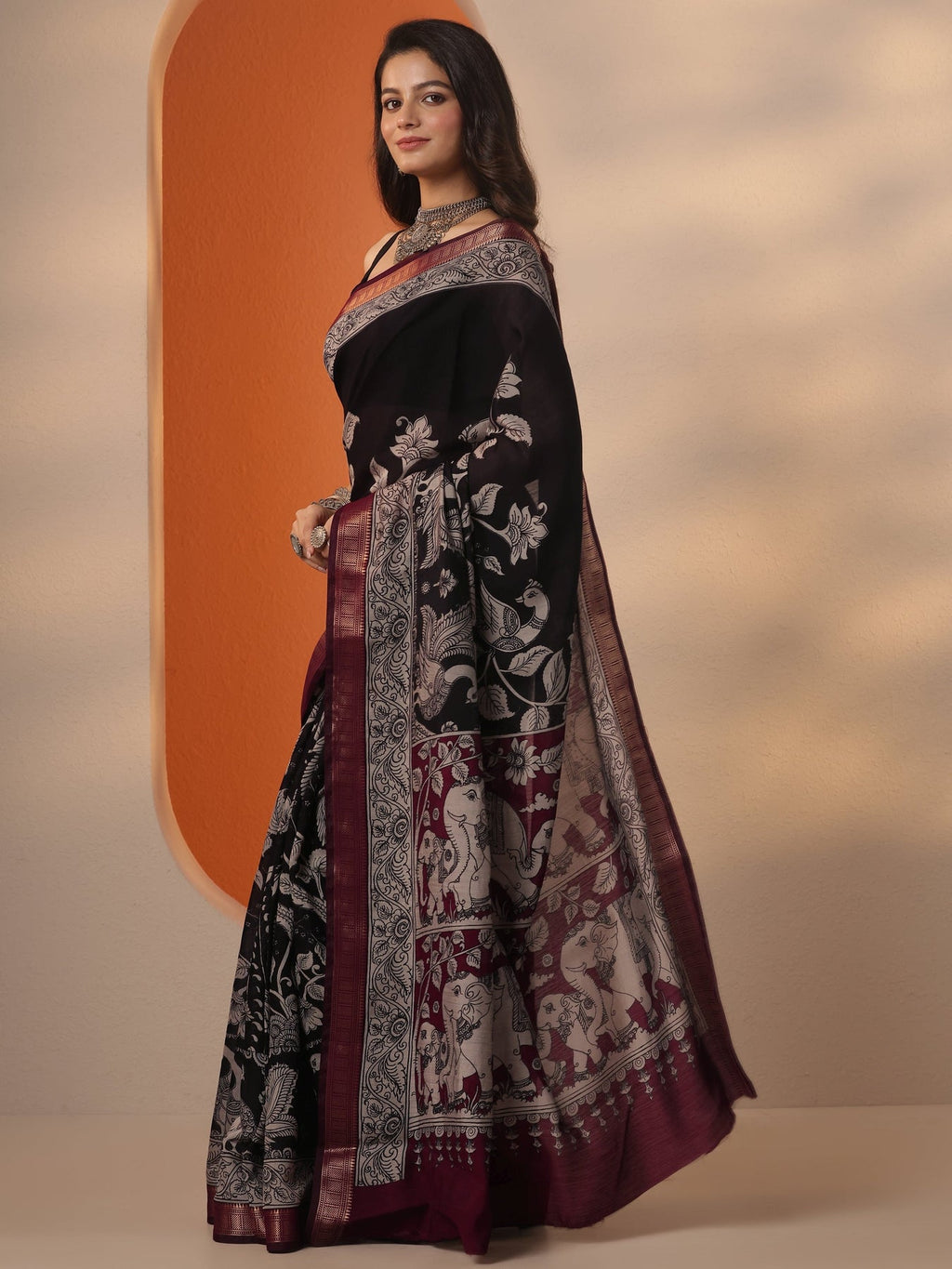Libas Black Printed Silk Blend Saree With Unstitched Blouse Piece S45