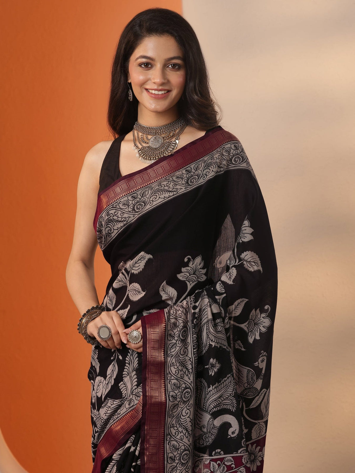 Libas Black Printed Silk Blend Saree With Unstitched Blouse Piece S45