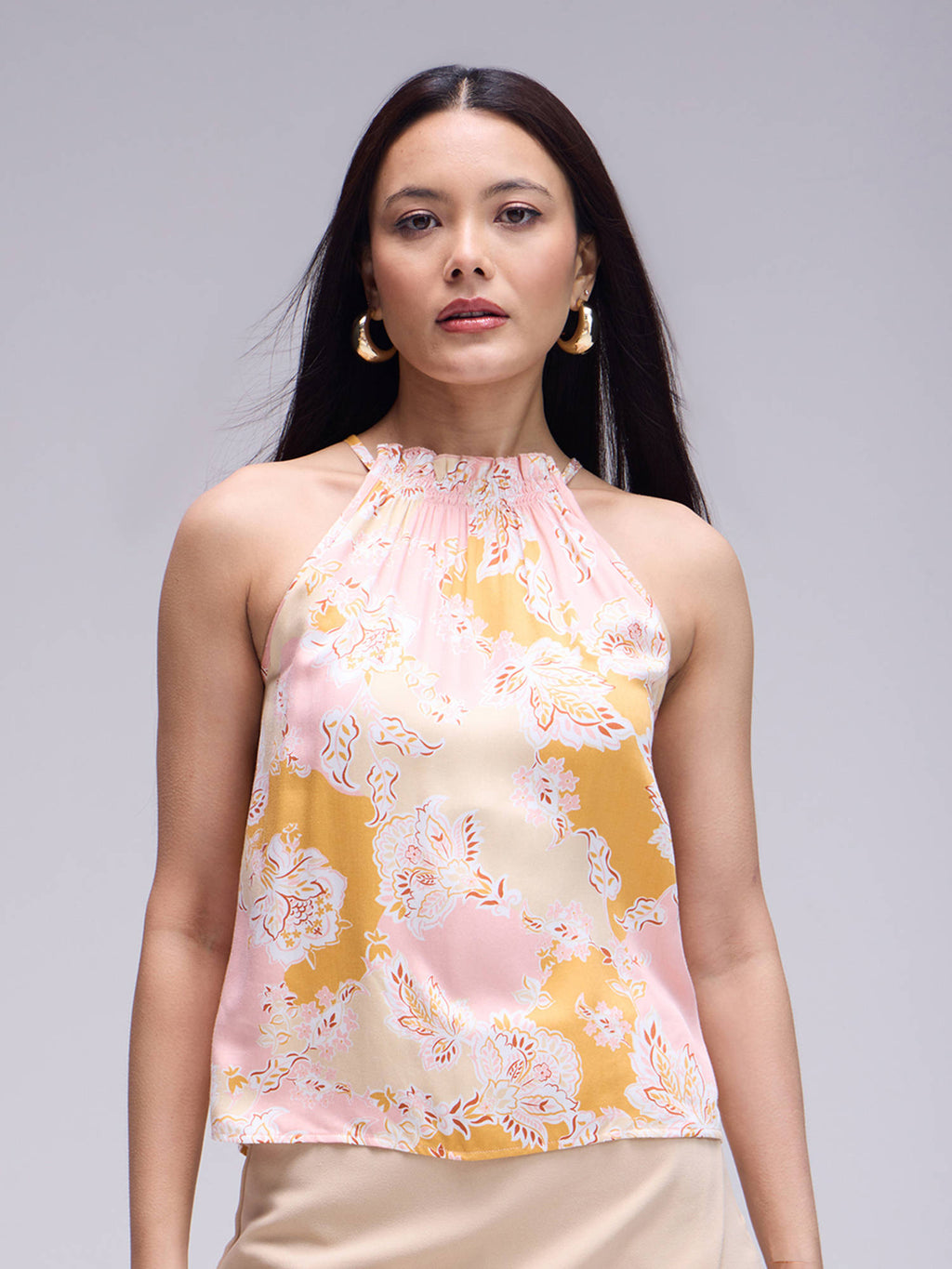 Multicolor Floral Ruffled Halter Style Neck Sleeveless Top | HT67 - view 1