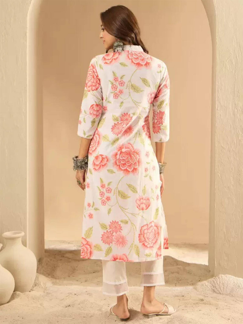 Womens Beige Floral Printed Blend Cotton Kurta - Beige | U3S - view 2