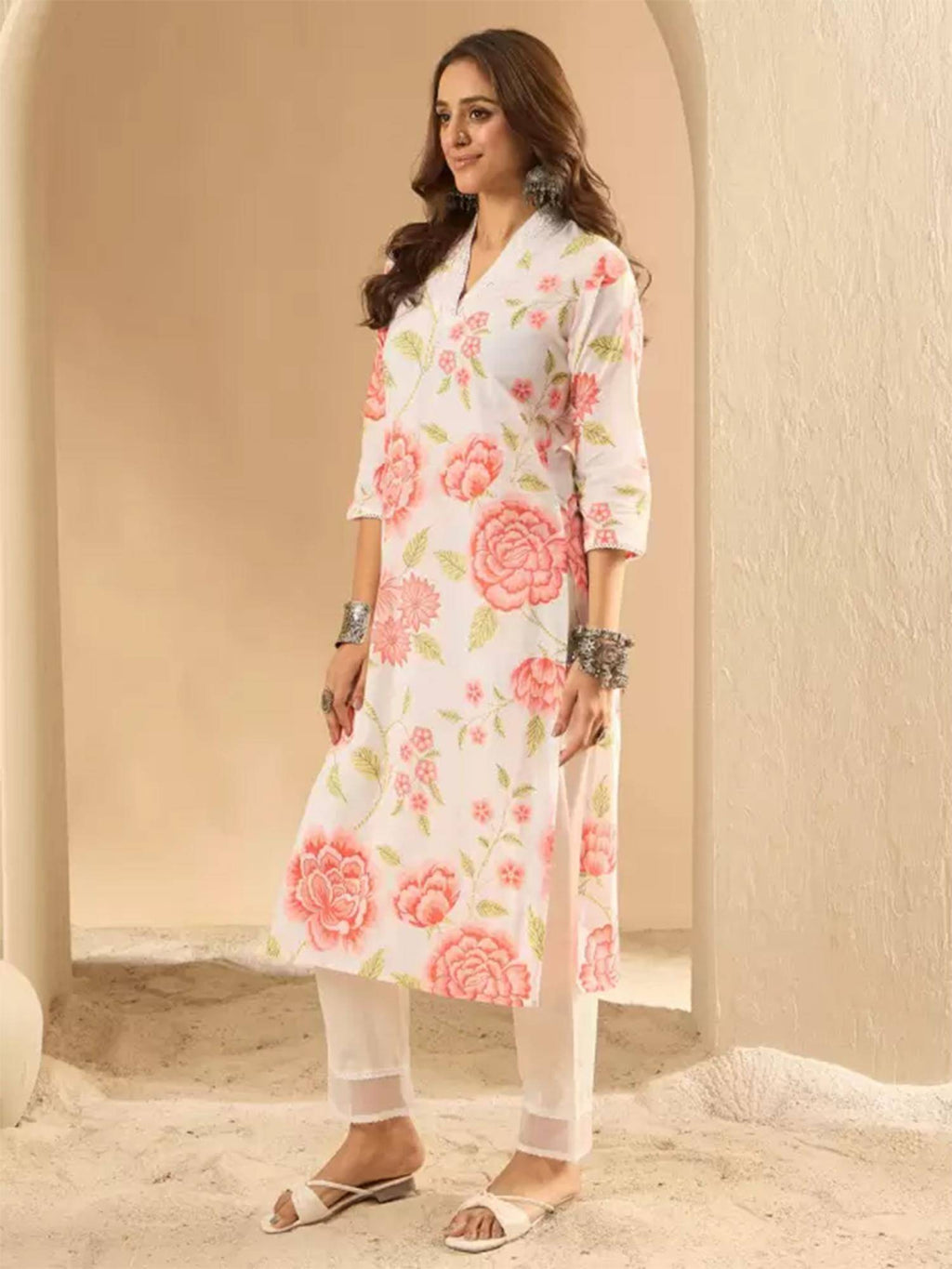 Womens Beige Floral Printed Blend Cotton Kurta - Beige | U3S - view 5