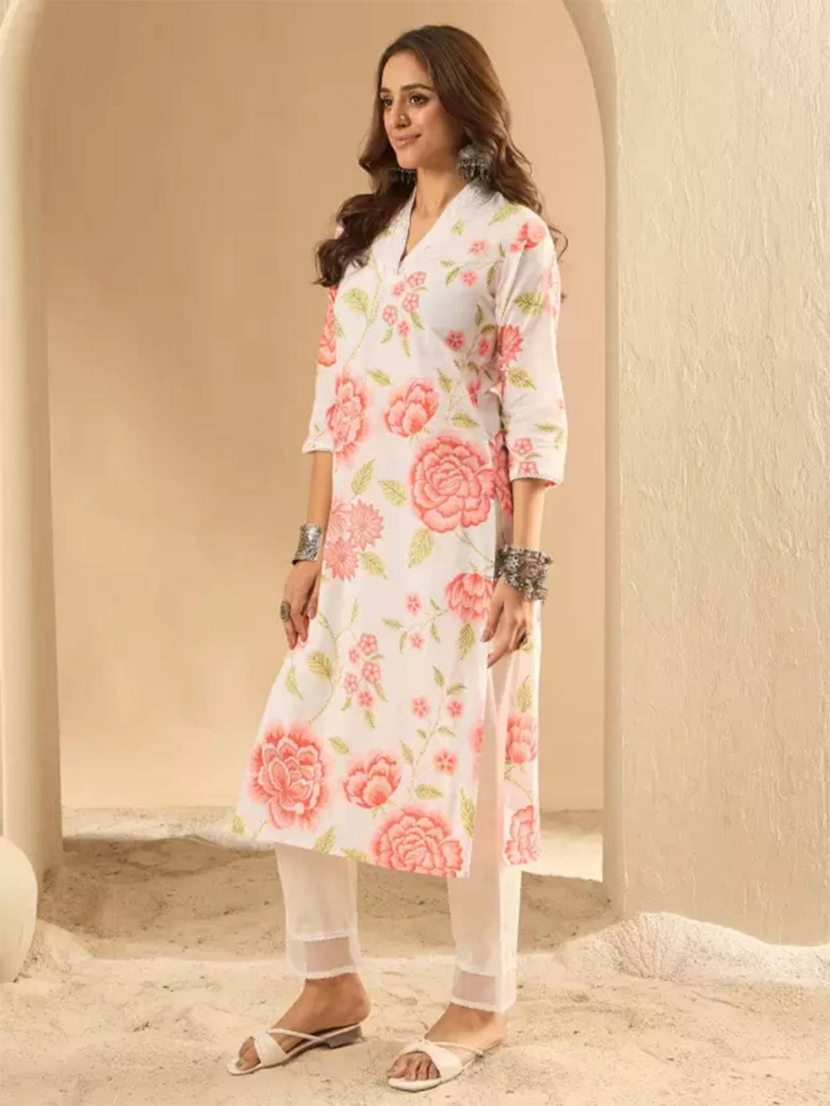 Womens Beige Floral Printed Blend Cotton Kurta - Beige | U3S - view 5