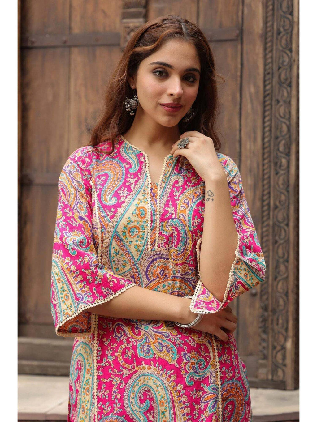 Women Rani Pink Floral Printed Blend Cotton Kurta - Pink | FY93 - view 4