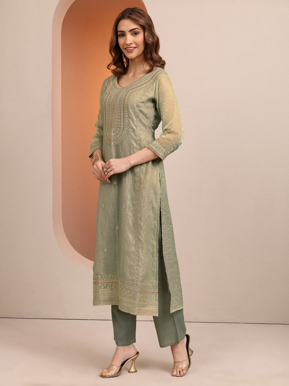 Libas Green Embroidered Organza Straight Suit Set With Dupatta