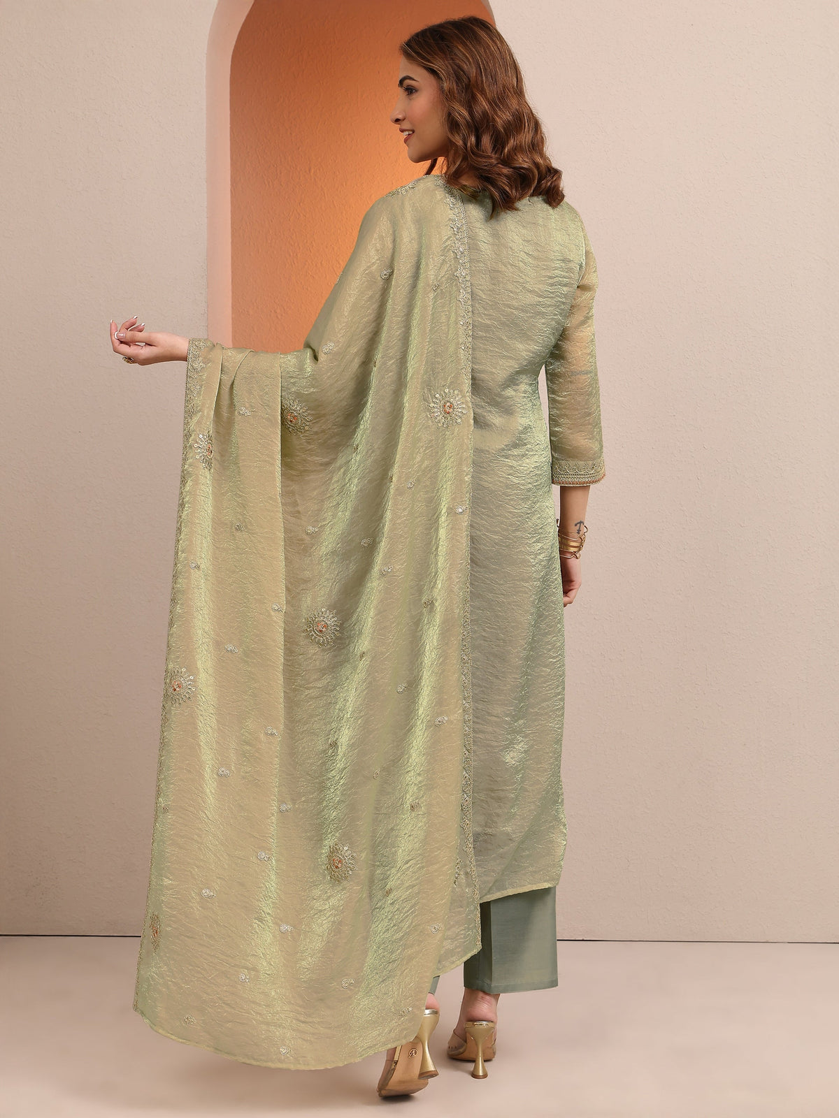 Libas Green Embroidered Organza Straight Suit Set With Dupatta
