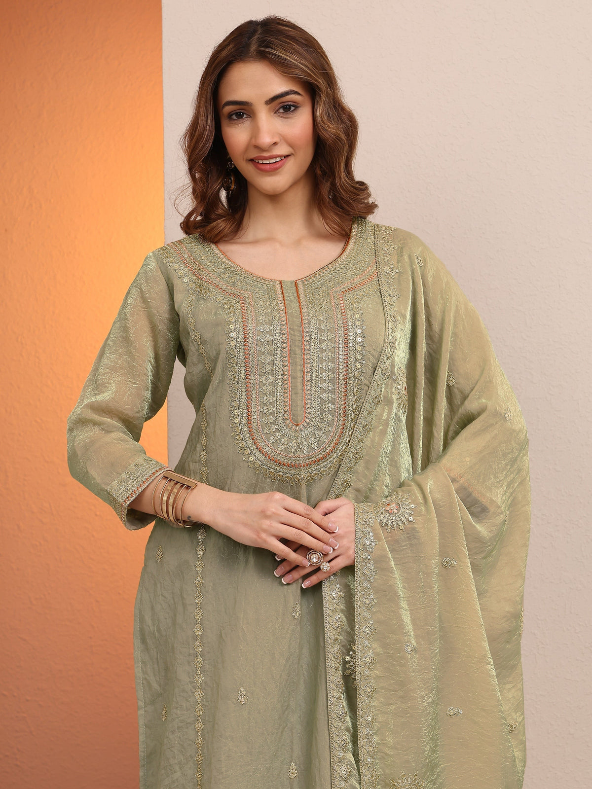 Libas Green Embroidered Organza Straight Suit Set With Dupatta