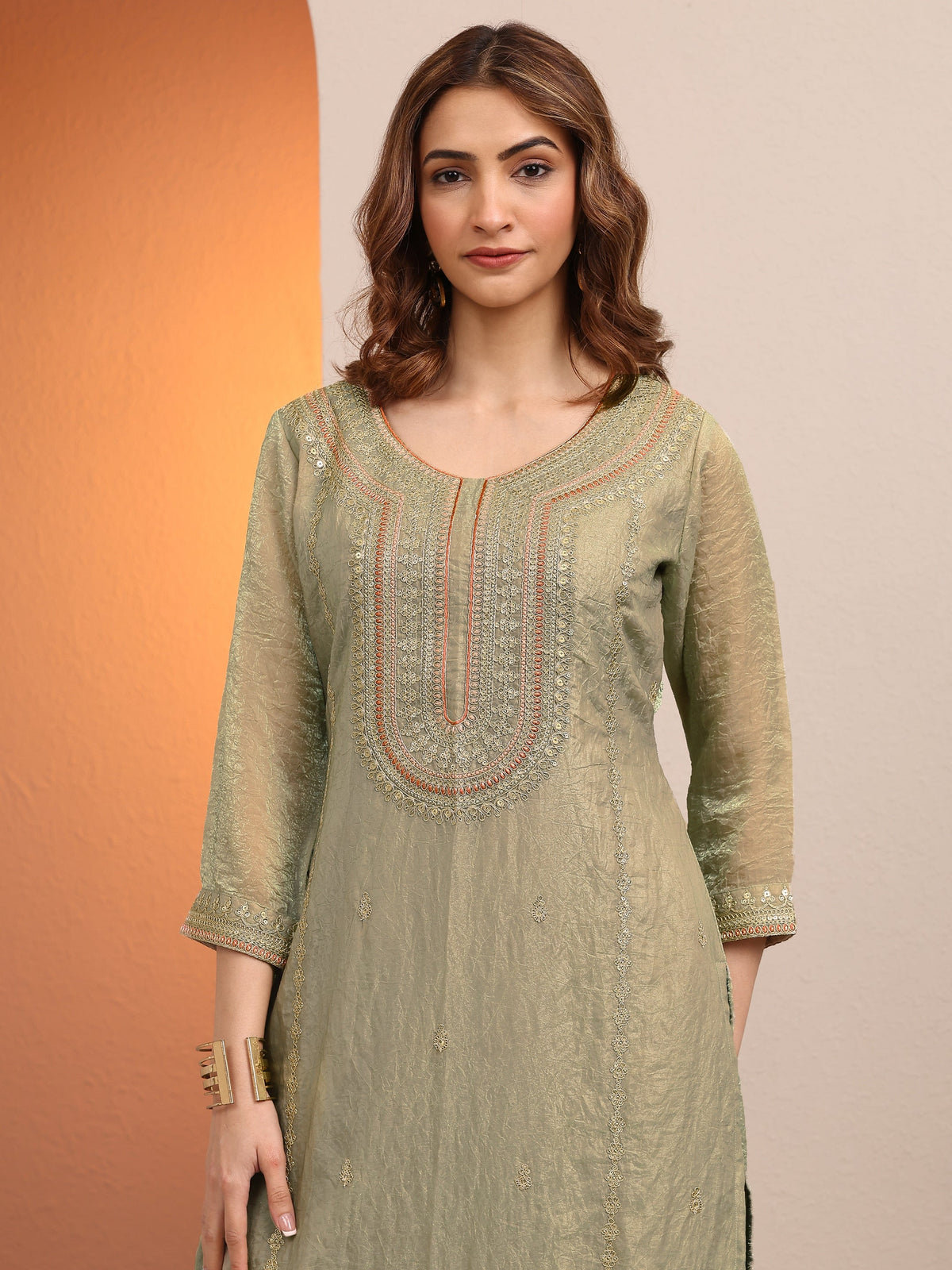 Libas Green Embroidered Organza Straight Suit Set With Dupatta