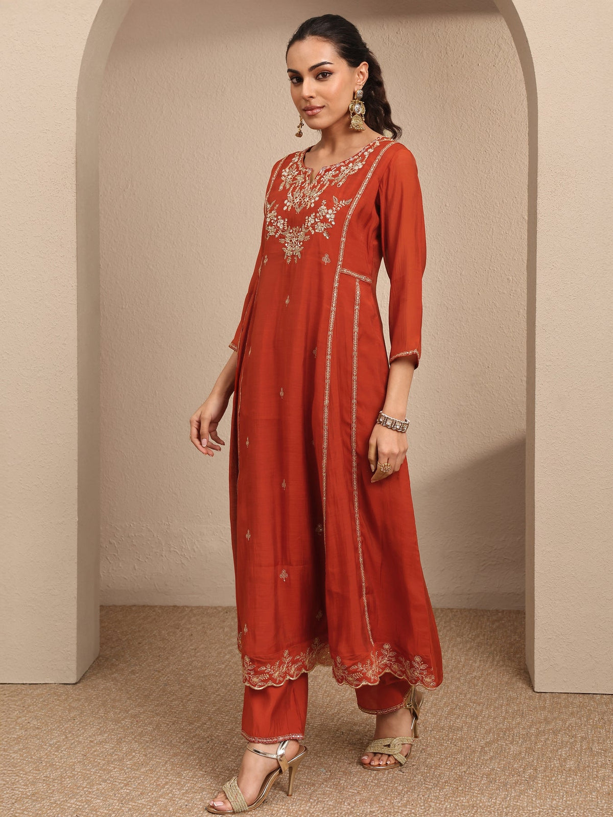Libas Rust Embroidered Silk Blend A-Line Suit Set With Dupatta KS67