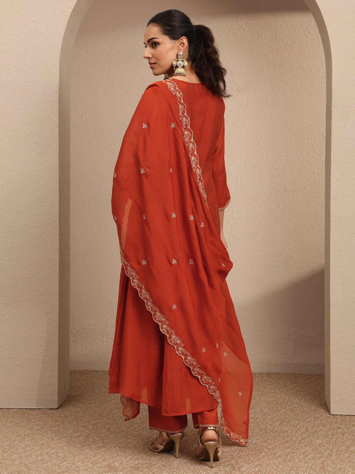 Libas Rust Embroidered Silk Blend A-Line Suit Set With Dupatta KS67