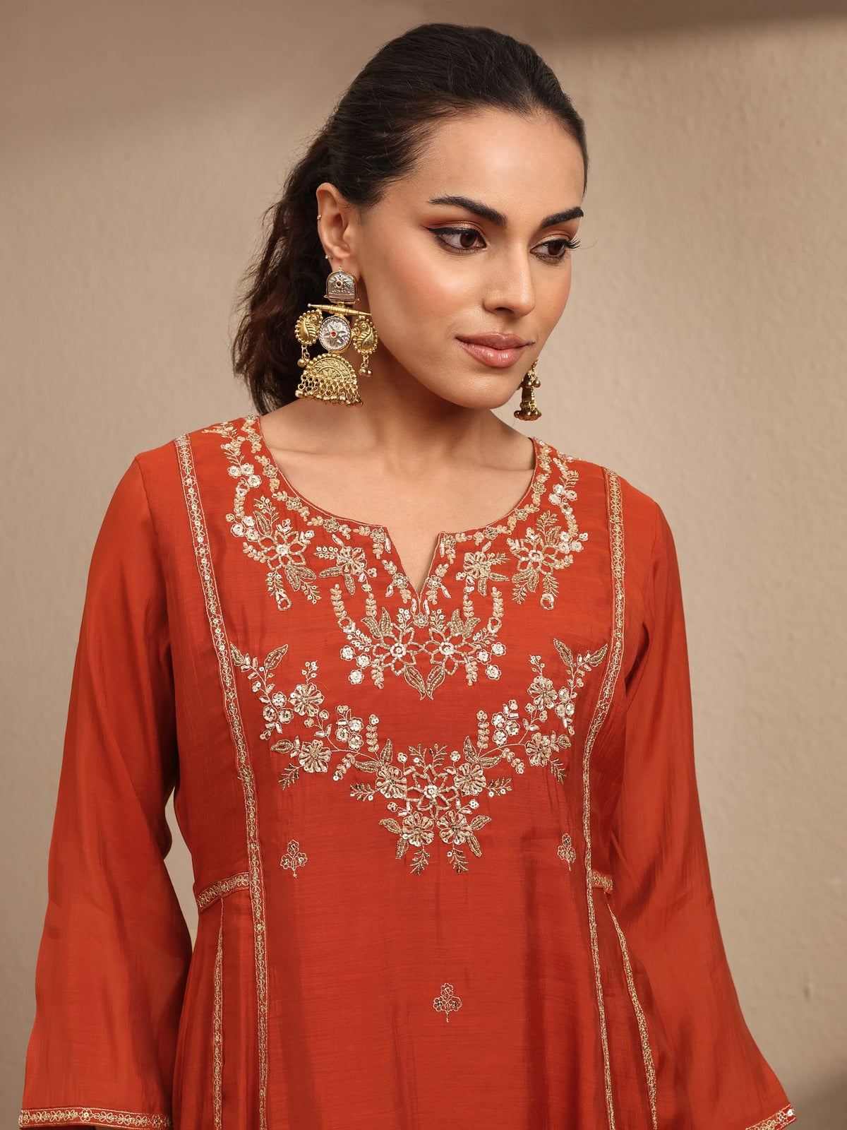Libas Rust Embroidered Silk Blend A-Line Suit Set With Dupatta KS67