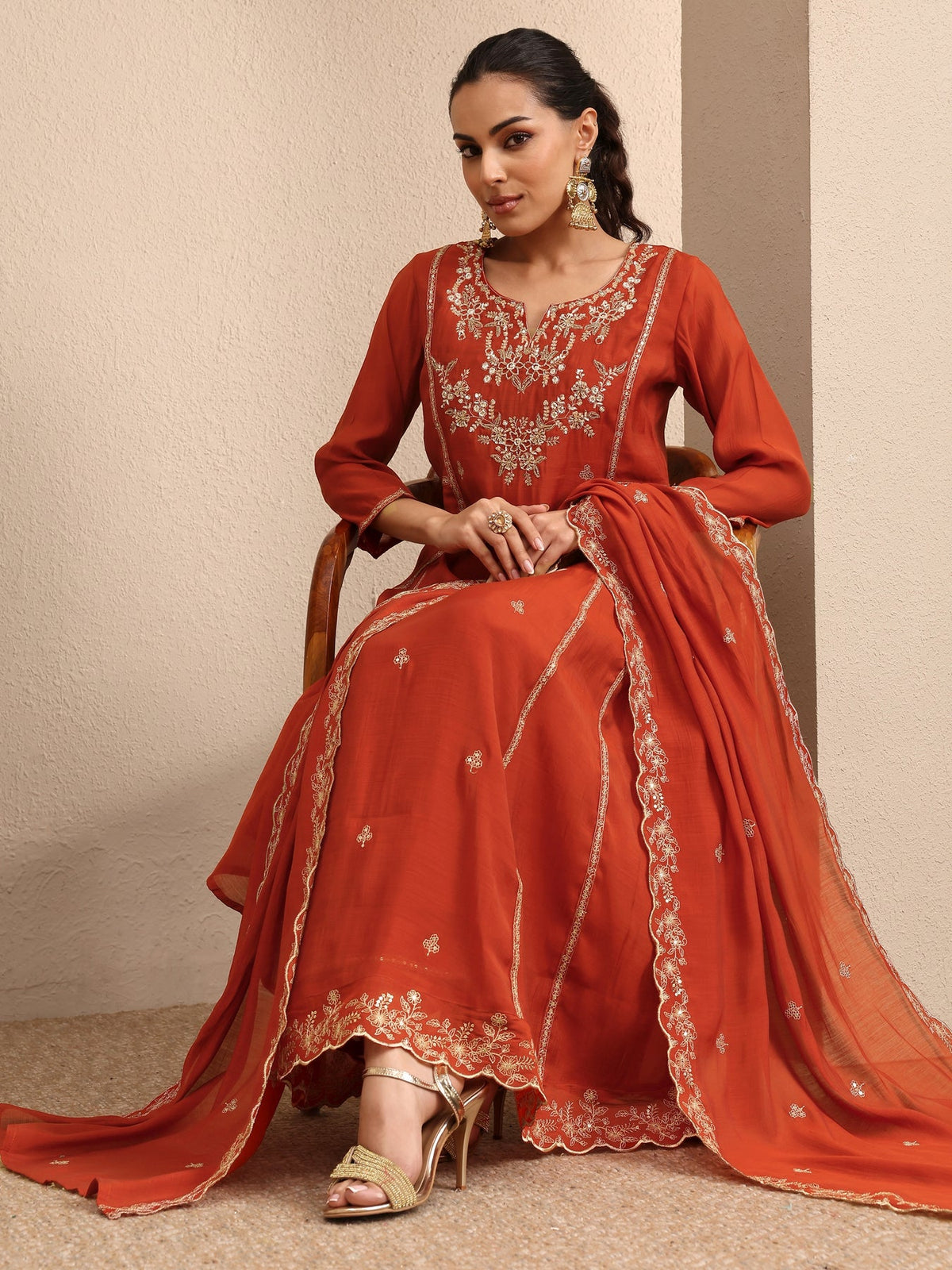 Libas Rust Embroidered Silk Blend A-Line Suit Set With Dupatta KS67