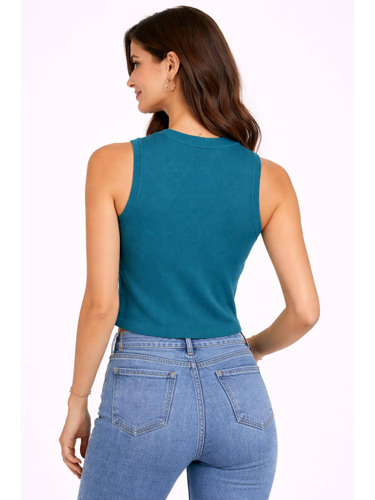 Sea Teal Ribbed Cotton Sleeveless Tank Top | TT98 - view 2