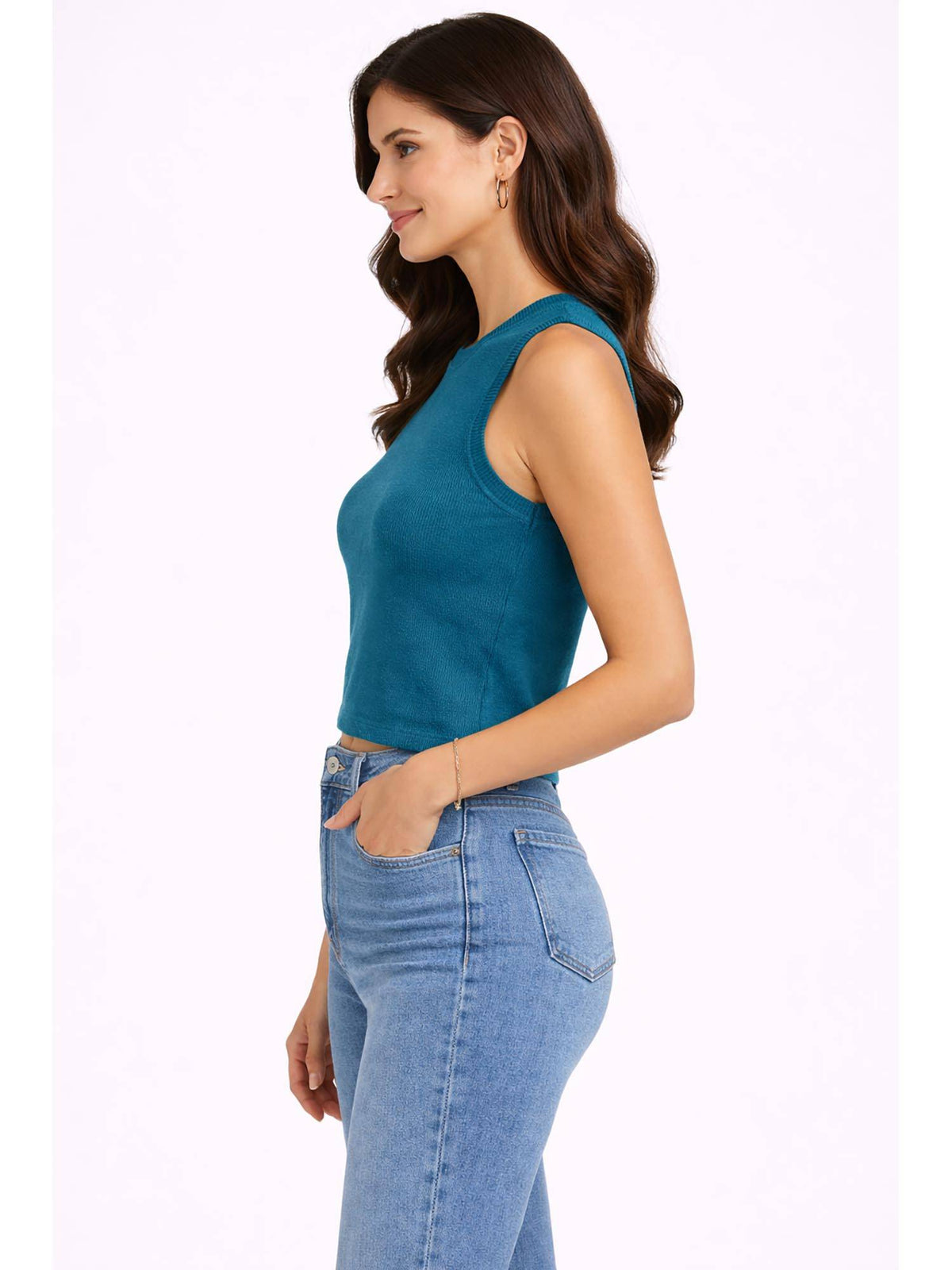 Sea Teal Ribbed Cotton Sleeveless Tank Top | TT98 - view 3