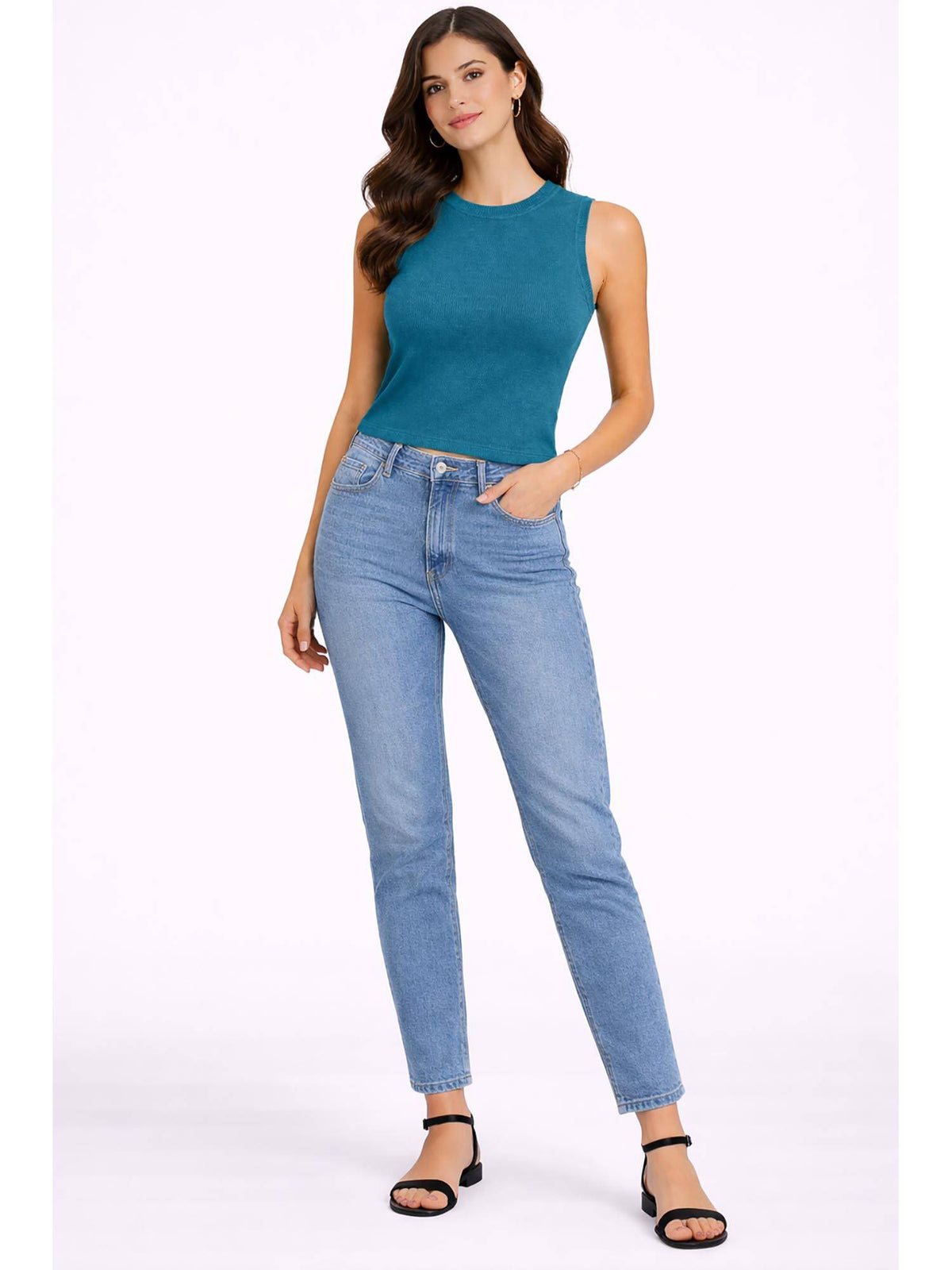 Sea Teal Ribbed Cotton Sleeveless Tank Top | TT98 - view 4