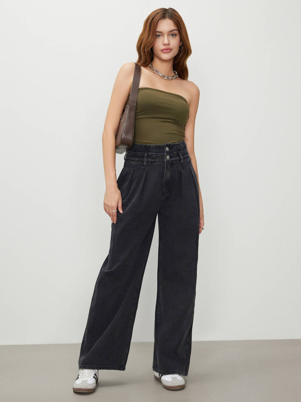 Double High Rise Solid Button Wide Leg Jeans | WL90 - view 3