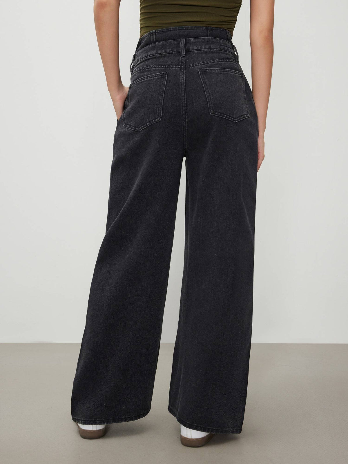 Double High Rise Solid Button Wide Leg Jeans | WL90 - view 5