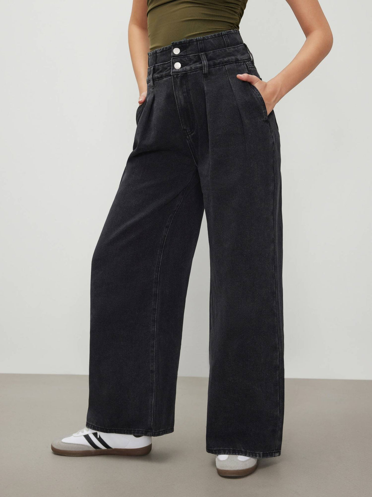 Double High Rise Solid Button Wide Leg Jeans | WL90 - view 6