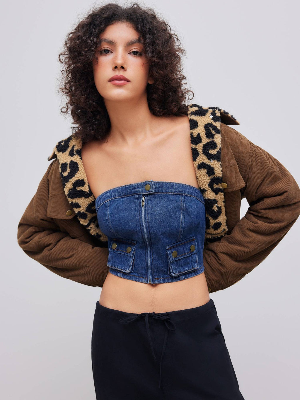 Denim Solid Button Cargo Crop Tube Top | TT90 - view 1